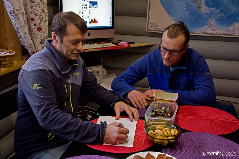 Импровизированный штаб. Валерий Шамало и Руслан Кириченко обсуждают технические детали движения прототипа по снежным склонам